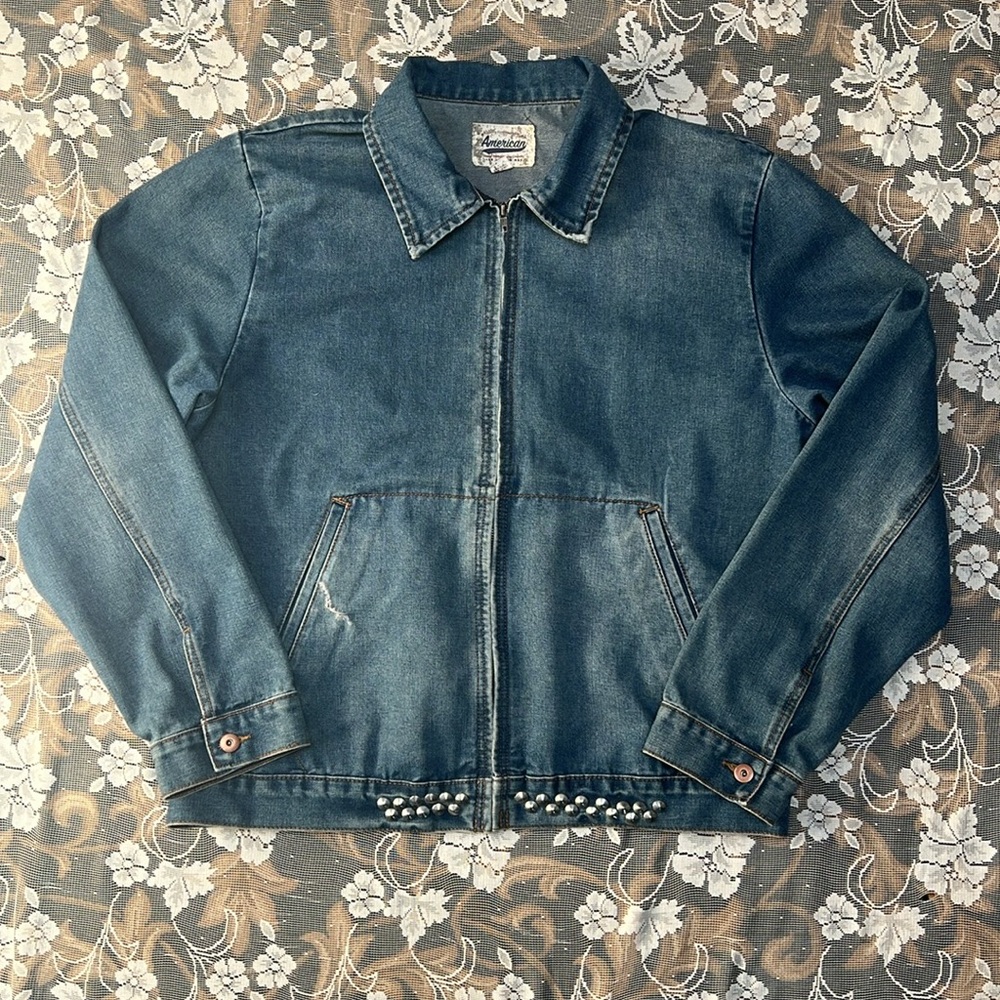 Blue Denim Jacket by American Studded Patchwork Star Zip Closure